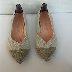 NWOT. Rothy's Cream and Gold Flats with Blue Trim